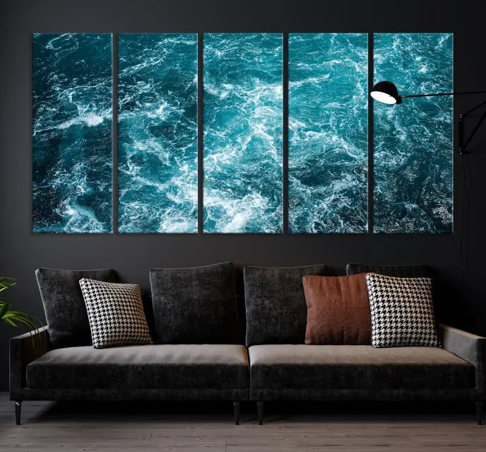 The Green Ocean Waves Wall Art Canvas Print, crafted on museum-quality canvas, adds elegance to your space. Each piece is ready to hang and showcases a stunning display of ocean waves.