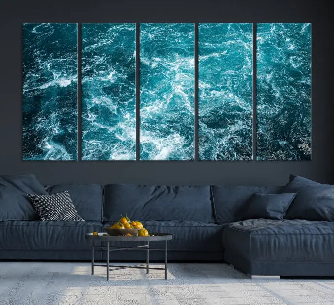 The Green Ocean Waves Wall Art Canvas Print, crafted on museum-quality canvas, adds elegance to your space. Each piece is ready to hang and showcases a stunning display of ocean waves.