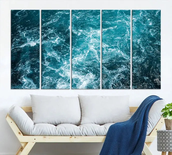 The Green Ocean Waves Wall Art Canvas Print, crafted on museum-quality canvas, adds elegance to your space. Each piece is ready to hang and showcases a stunning display of ocean waves.