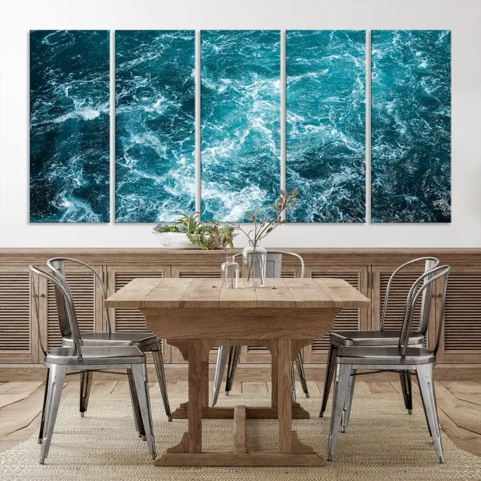 The Green Ocean Waves Wall Art Canvas Print, crafted on museum-quality canvas, adds elegance to your space. Each piece is ready to hang and showcases a stunning display of ocean waves.