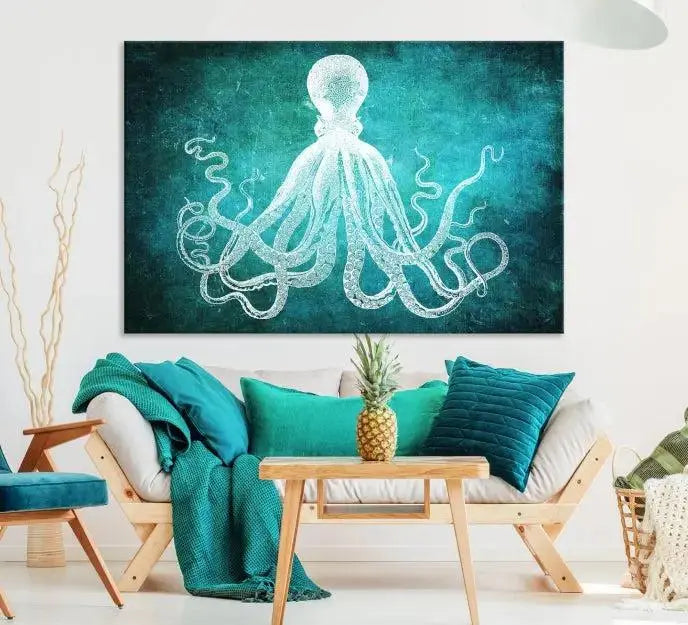 The Green Octopus Abstract Wall Art Canvas Print features a three-panel design of a white octopus on a turquoise background. It is gallery wrapped and UV-protected for durability.