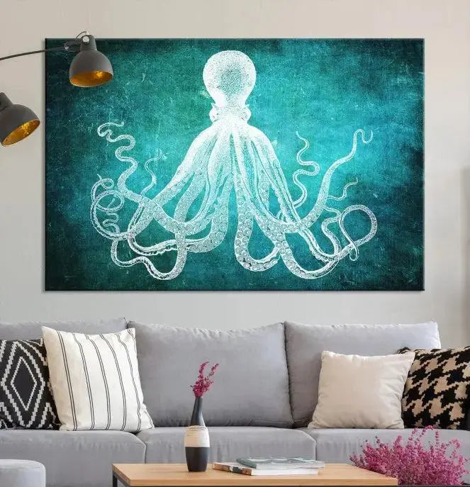 The Green Octopus Abstract Wall Art Canvas Print features a three-panel design of a white octopus on a turquoise background. It is gallery wrapped and UV-protected for durability.