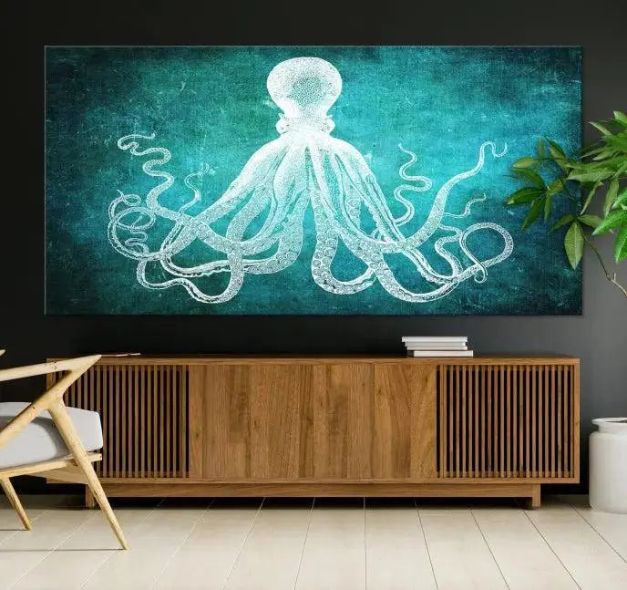 The Green Octopus Abstract Wall Art Canvas Print features a three-panel design of a white octopus on a turquoise background. It is gallery wrapped and UV-protected for durability.