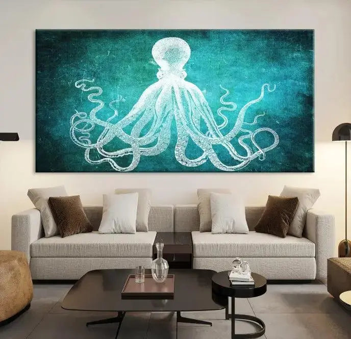 The Green Octopus Abstract Wall Art Canvas Print features a three-panel design of a white octopus on a turquoise background. It is gallery wrapped and UV-protected for durability.