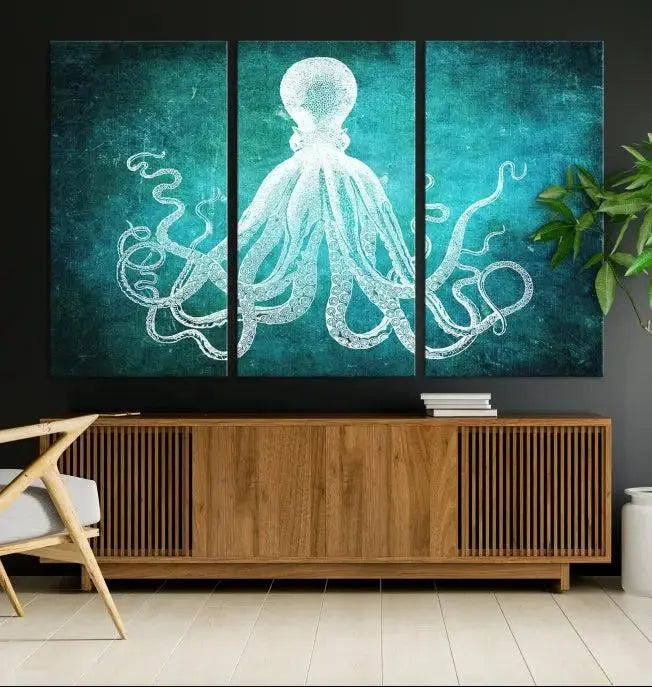 The Green Octopus Abstract Wall Art Canvas Print features a three-panel design of a white octopus on a turquoise background. It is gallery wrapped and UV-protected for durability.