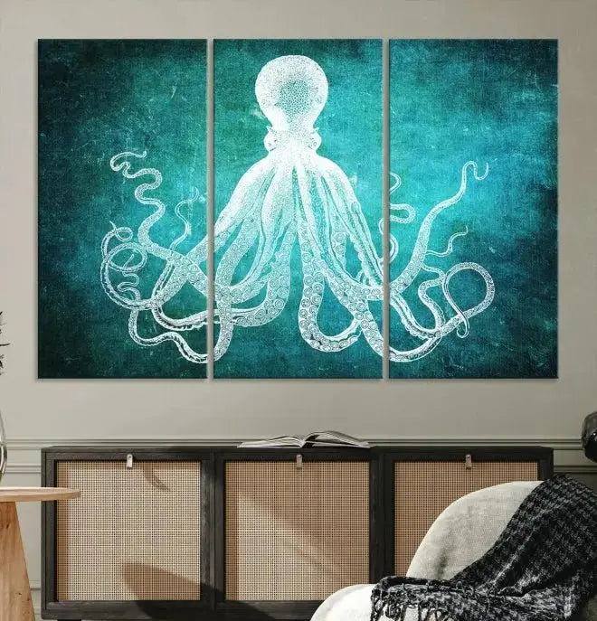 The Green Octopus Abstract Wall Art Canvas Print features a three-panel design of a white octopus on a turquoise background. It is gallery wrapped and UV-protected for durability.