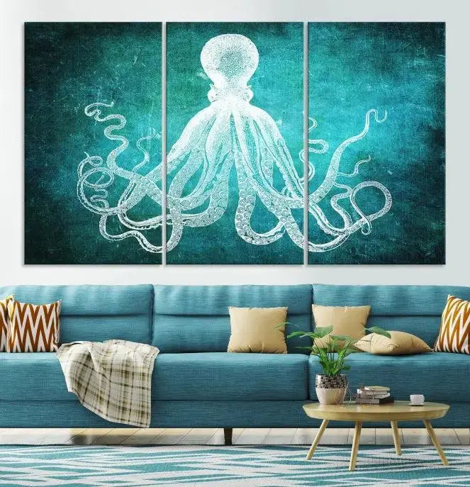 The Green Octopus Abstract Wall Art Canvas Print features a three-panel design of a white octopus on a turquoise background. It is gallery wrapped and UV-protected for durability.