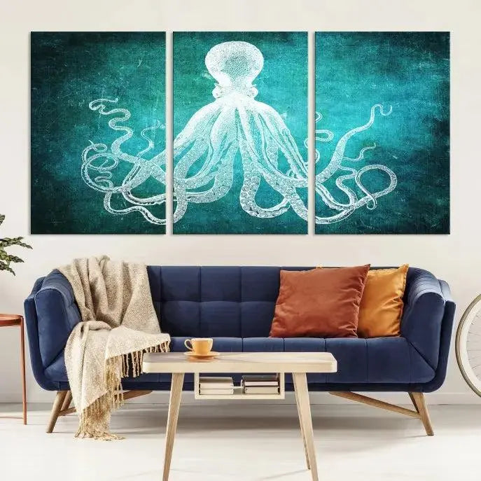 The Green Octopus Abstract Wall Art Canvas Print features a three-panel design of a white octopus on a turquoise background. It is gallery wrapped and UV-protected for durability.