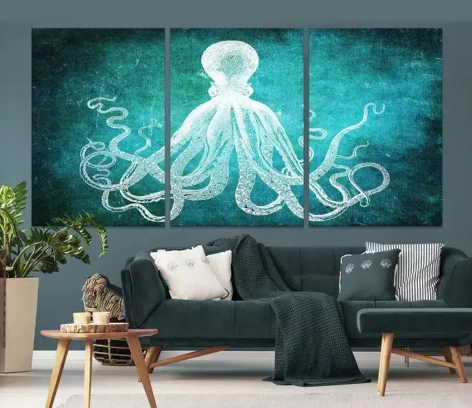 The Green Octopus Abstract Wall Art Canvas Print features a three-panel design of a white octopus on a turquoise background. It is gallery wrapped and UV-protected for durability.