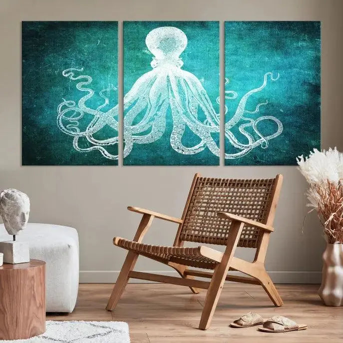 The Green Octopus Abstract Wall Art Canvas Print features a three-panel design of a white octopus on a turquoise background. It is gallery wrapped and UV-protected for durability.