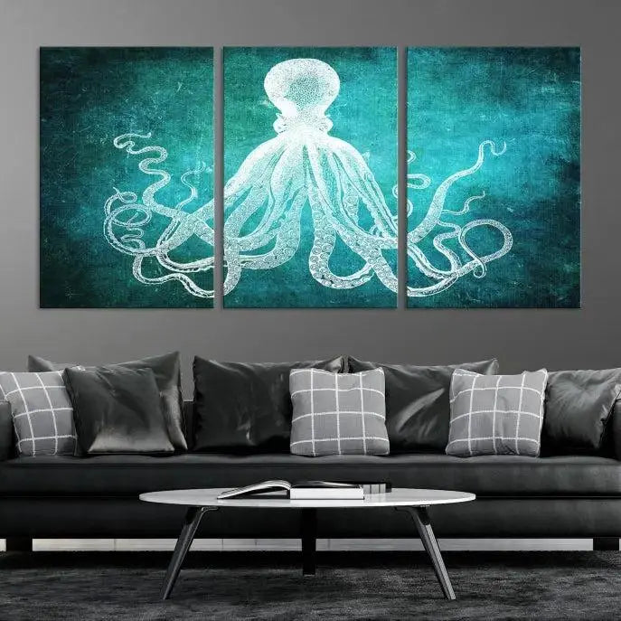 The Green Octopus Abstract Wall Art Canvas Print features a three-panel design of a white octopus on a turquoise background. It is gallery wrapped and UV-protected for durability.