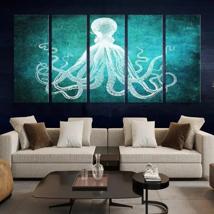 The Green Octopus Abstract Wall Art Canvas Print features a three-panel design of a white octopus on a turquoise background. It is gallery wrapped and UV-protected for durability.