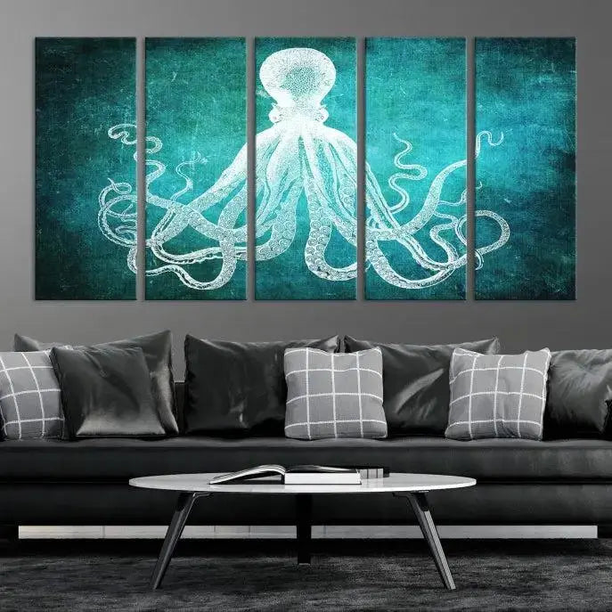 The Green Octopus Abstract Wall Art Canvas Print features a three-panel design of a white octopus on a turquoise background. It is gallery wrapped and UV-protected for durability.