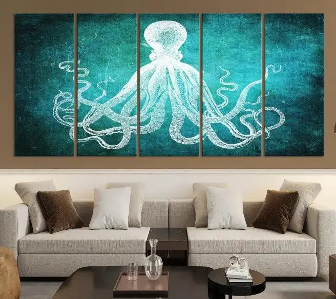 The Green Octopus Abstract Wall Art Canvas Print features a three-panel design of a white octopus on a turquoise background. It is gallery wrapped and UV-protected for durability.