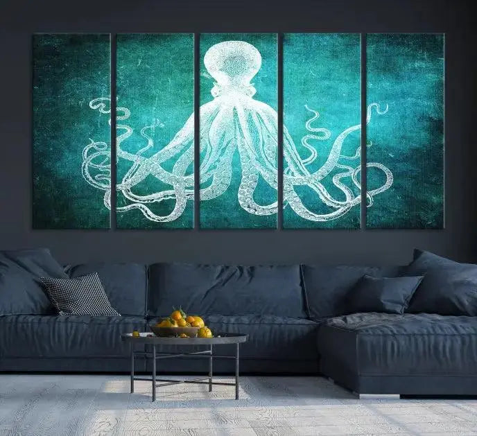 The Green Octopus Abstract Wall Art Canvas Print features a three-panel design of a white octopus on a turquoise background. It is gallery wrapped and UV-protected for durability.