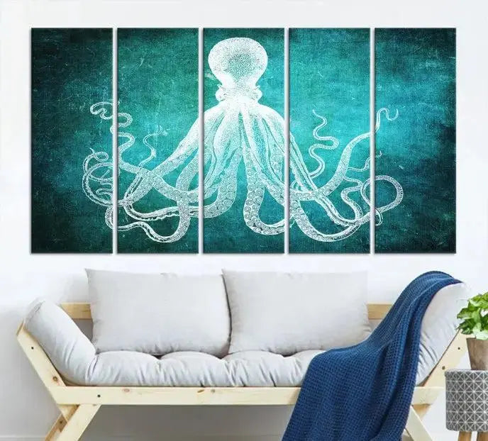 The Green Octopus Abstract Wall Art Canvas Print features a three-panel design of a white octopus on a turquoise background. It is gallery wrapped and UV-protected for durability.