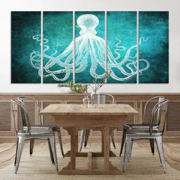 The Green Octopus Abstract Wall Art Canvas Print features a three-panel design of a white octopus on a turquoise background. It is gallery wrapped and UV-protected for durability.