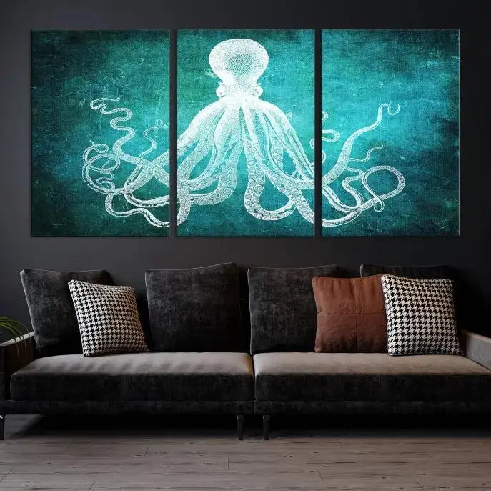 The Green Octopus Abstract Wall Art Canvas Print features a three-panel design of a white octopus on a turquoise background. It is gallery wrapped and UV-protected for durability.