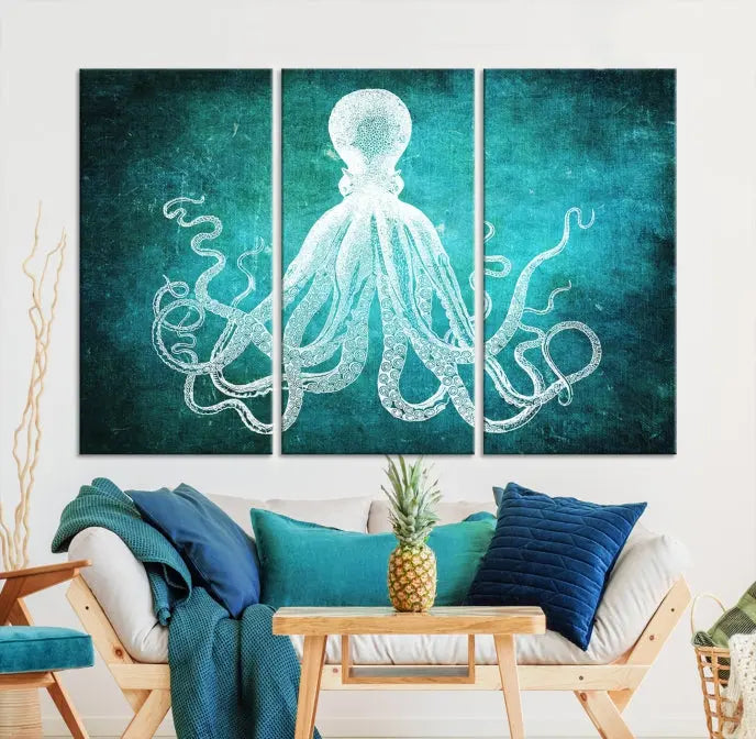 The Green Octopus Abstract Wall Art Canvas Print features a three-panel design of a white octopus on a turquoise background. It is gallery wrapped and UV-protected for durability.