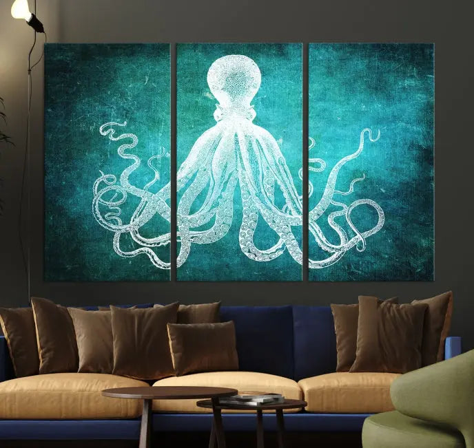 The Green Octopus Abstract Wall Art Canvas Print features a three-panel design of a white octopus on a turquoise background. It is gallery wrapped and UV-protected for durability.