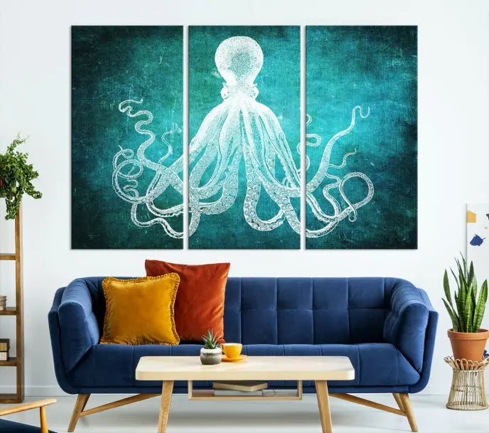 The Green Octopus Abstract Wall Art Canvas Print features a three-panel design of a white octopus on a turquoise background. It is gallery wrapped and UV-protected for durability.