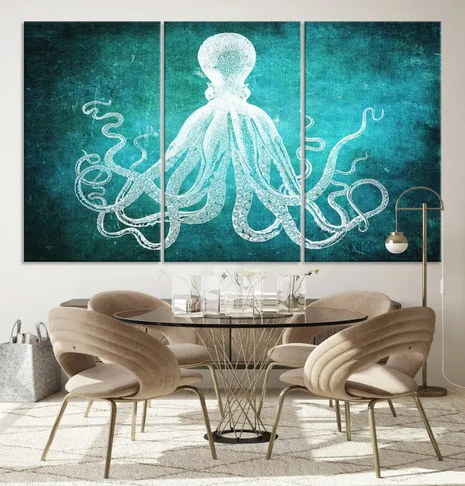 The Green Octopus Abstract Wall Art Canvas Print features a three-panel design of a white octopus on a turquoise background. It is gallery wrapped and UV-protected for durability.