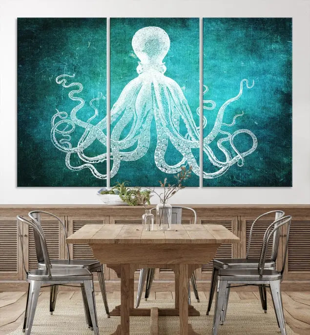 The Green Octopus Abstract Wall Art Canvas Print features a three-panel design of a white octopus on a turquoise background. It is gallery wrapped and UV-protected for durability.