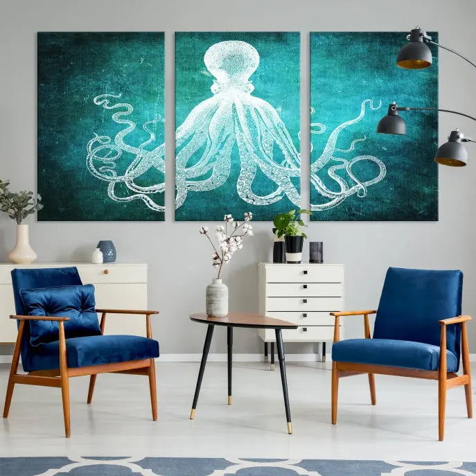 The Green Octopus Abstract Wall Art Canvas Print features a three-panel design of a white octopus on a turquoise background. It is gallery wrapped and UV-protected for durability.