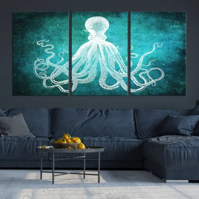 The Green Octopus Abstract Wall Art Canvas Print features a three-panel design of a white octopus on a turquoise background. It is gallery wrapped and UV-protected for durability.