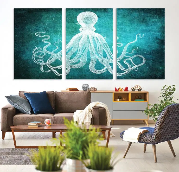 The Green Octopus Abstract Wall Art Canvas Print features a three-panel design of a white octopus on a turquoise background. It is gallery wrapped and UV-protected for durability.