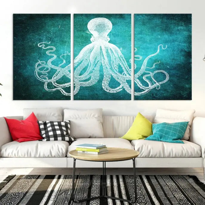 The Green Octopus Abstract Wall Art Canvas Print features a three-panel design of a white octopus on a turquoise background. It is gallery wrapped and UV-protected for durability.