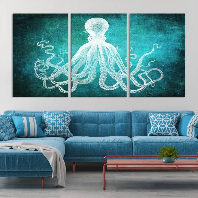 The Green Octopus Abstract Wall Art Canvas Print features a three-panel design of a white octopus on a turquoise background. It is gallery wrapped and UV-protected for durability.