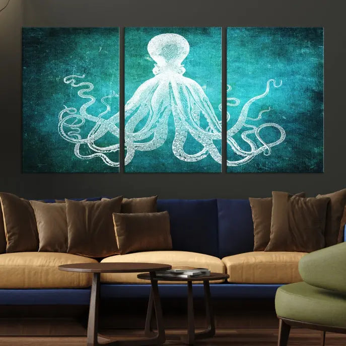 The Green Octopus Abstract Wall Art Canvas Print features a three-panel design of a white octopus on a turquoise background. It is gallery wrapped and UV-protected for durability.