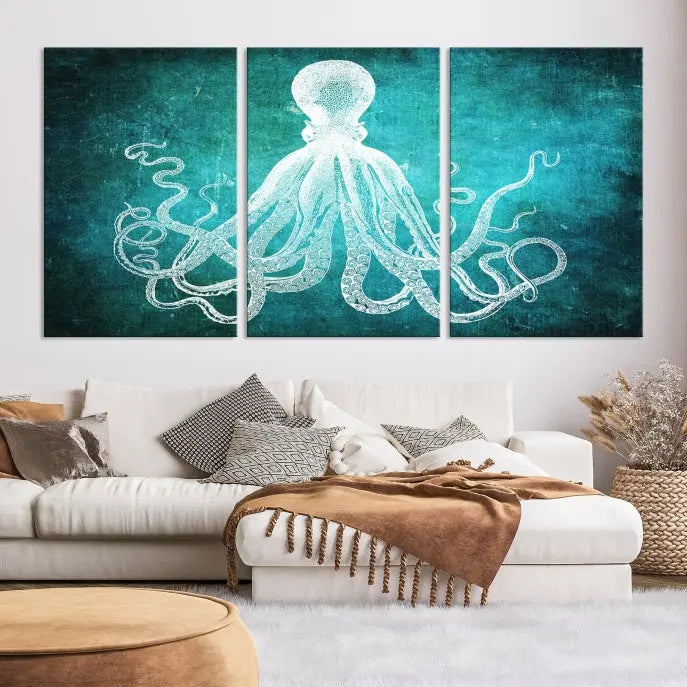 The Green Octopus Abstract Wall Art Canvas Print features a three-panel design of a white octopus on a turquoise background. It is gallery wrapped and UV-protected for durability.