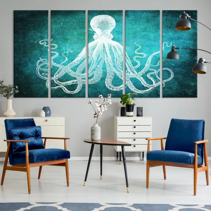 The Green Octopus Abstract Wall Art Canvas Print features a three-panel design of a white octopus on a turquoise background. It is gallery wrapped and UV-protected for durability.