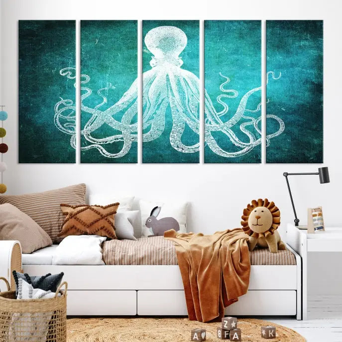 The Green Octopus Abstract Wall Art Canvas Print features a three-panel design of a white octopus on a turquoise background. It is gallery wrapped and UV-protected for durability.