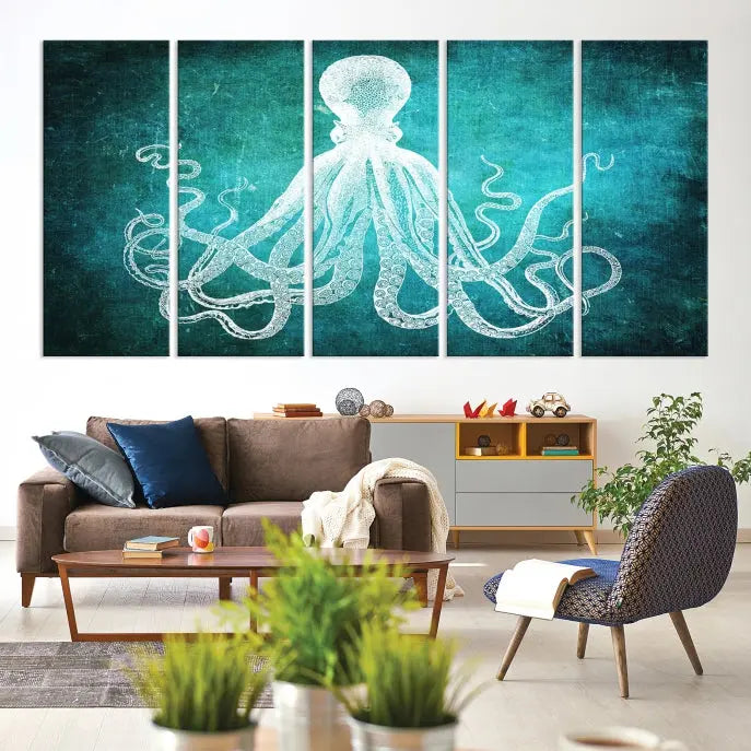 The Green Octopus Abstract Wall Art Canvas Print features a three-panel design of a white octopus on a turquoise background. It is gallery wrapped and UV-protected for durability.