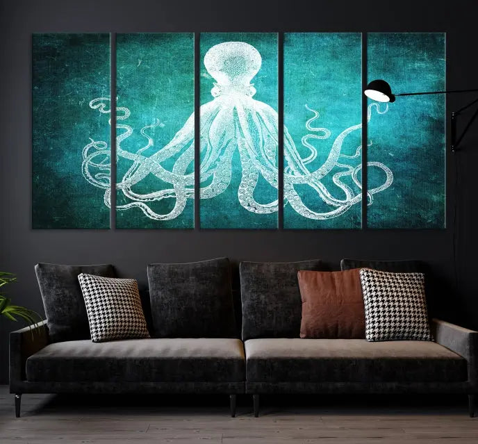 The Green Octopus Abstract Wall Art Canvas Print features a three-panel design of a white octopus on a turquoise background. It is gallery wrapped and UV-protected for durability.