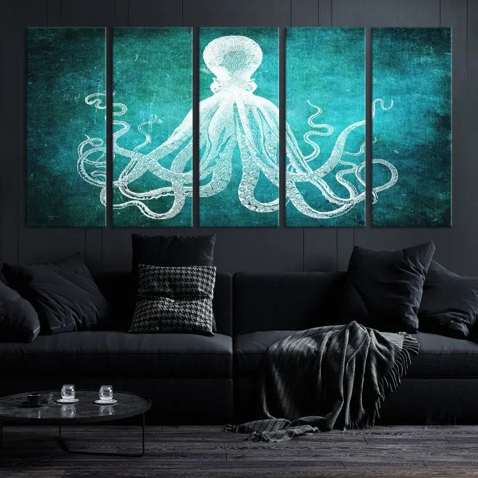 The Green Octopus Abstract Wall Art Canvas Print features a three-panel design of a white octopus on a turquoise background. It is gallery wrapped and UV-protected for durability.