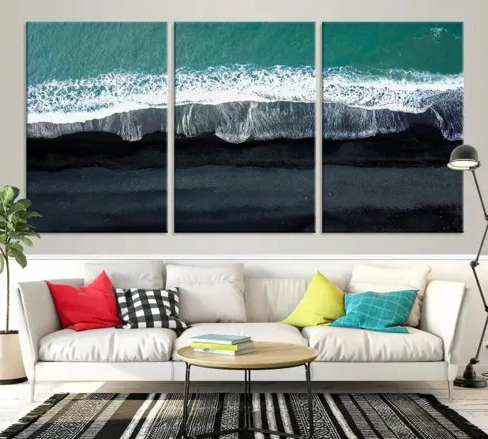 The Green Sea Ocean Aerial Wall Art Canvas Print is elegantly displayed, printed on museum-quality canvas. Its UV-protective coating ensures lasting beauty, and being ready to hang, it completes your room with timeless appeal.