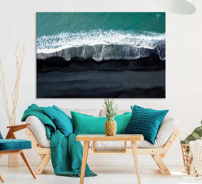 The Green Sea Ocean Aerial Wall Art Canvas Print is elegantly displayed, printed on museum-quality canvas. Its UV-protective coating ensures lasting beauty, and being ready to hang, it completes your room with timeless appeal.