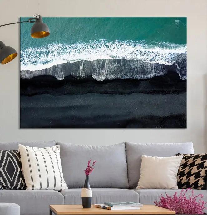 The Green Sea Ocean Aerial Wall Art Canvas Print is elegantly displayed, printed on museum-quality canvas. Its UV-protective coating ensures lasting beauty, and being ready to hang, it completes your room with timeless appeal.