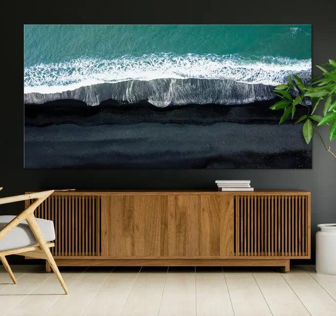 The Green Sea Ocean Aerial Wall Art Canvas Print is elegantly displayed, printed on museum-quality canvas. Its UV-protective coating ensures lasting beauty, and being ready to hang, it completes your room with timeless appeal.