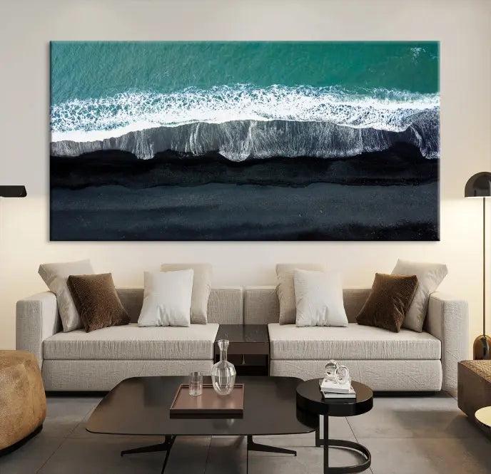 The Green Sea Ocean Aerial Wall Art Canvas Print is elegantly displayed, printed on museum-quality canvas. Its UV-protective coating ensures lasting beauty, and being ready to hang, it completes your room with timeless appeal.