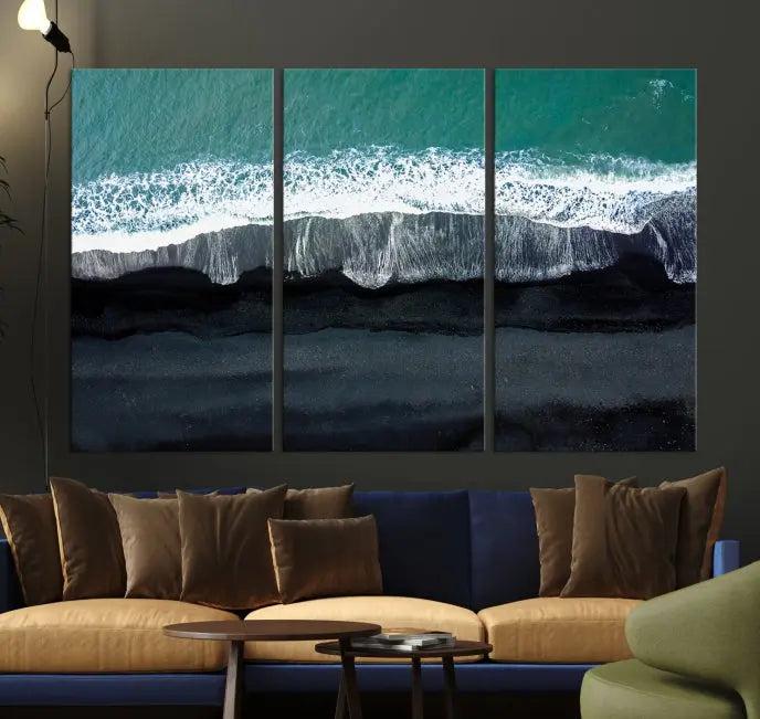 The Green Sea Ocean Aerial Wall Art Canvas Print is elegantly displayed, printed on museum-quality canvas. Its UV-protective coating ensures lasting beauty, and being ready to hang, it completes your room with timeless appeal.