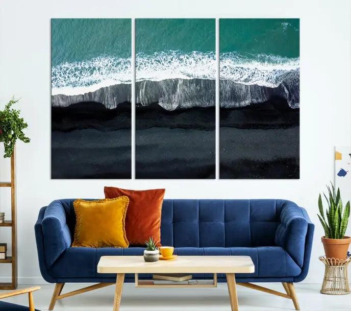 The Green Sea Ocean Aerial Wall Art Canvas Print is elegantly displayed, printed on museum-quality canvas. Its UV-protective coating ensures lasting beauty, and being ready to hang, it completes your room with timeless appeal.