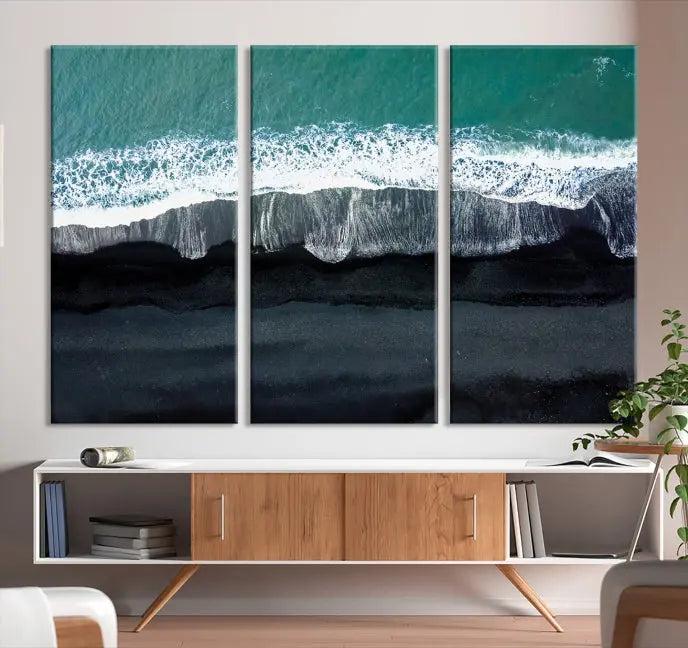 The Green Sea Ocean Aerial Wall Art Canvas Print is elegantly displayed, printed on museum-quality canvas. Its UV-protective coating ensures lasting beauty, and being ready to hang, it completes your room with timeless appeal.