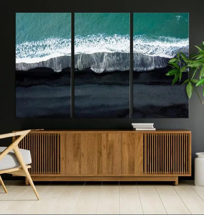 The Green Sea Ocean Aerial Wall Art Canvas Print is elegantly displayed, printed on museum-quality canvas. Its UV-protective coating ensures lasting beauty, and being ready to hang, it completes your room with timeless appeal.