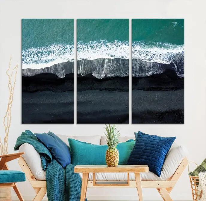 The Green Sea Ocean Aerial Wall Art Canvas Print is elegantly displayed, printed on museum-quality canvas. Its UV-protective coating ensures lasting beauty, and being ready to hang, it completes your room with timeless appeal.