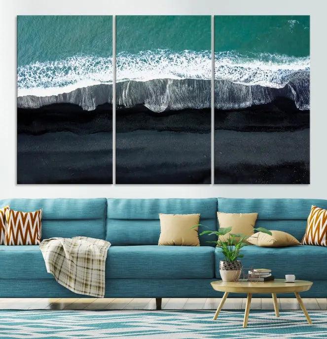 The Green Sea Ocean Aerial Wall Art Canvas Print is elegantly displayed, printed on museum-quality canvas. Its UV-protective coating ensures lasting beauty, and being ready to hang, it completes your room with timeless appeal.